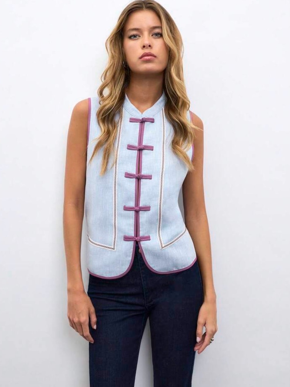 Light Blue Sleeveless Camisole with Pink Trim